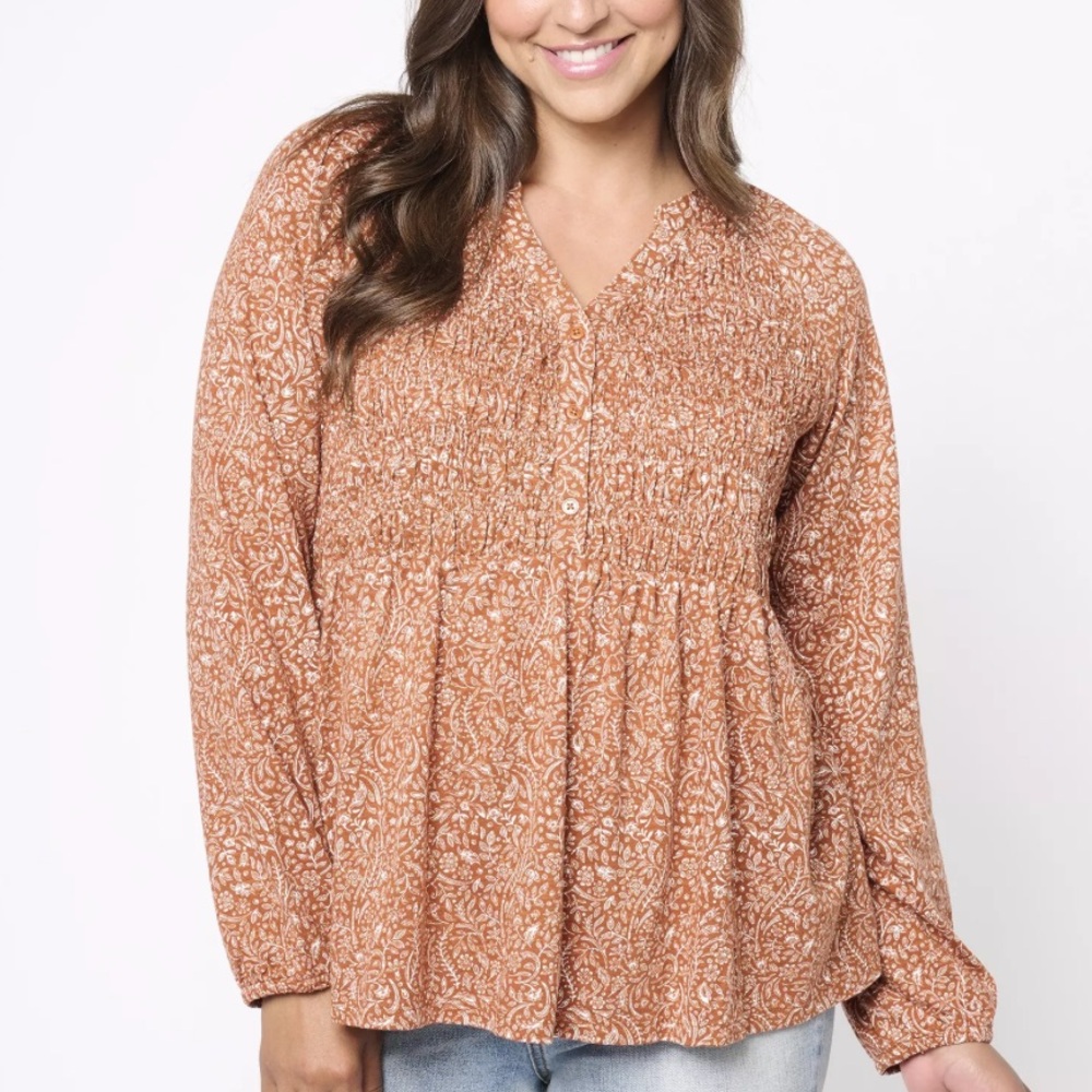 Denim & Co. Canyon Retreat Printed Peasant‎ Long Sleeve Knit Blouse Plus Size 1X